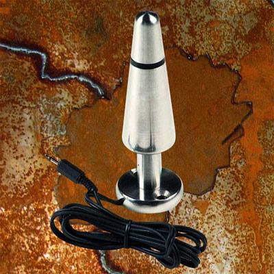 This is a conical metal butt plug with a maximum diameter of 35 mm (1.38 inches). Its total length is 5.5 inches. It is combatable with any Rimba or Zeus Electrosex Power Box. 